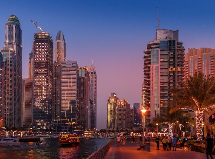 Dubai Marina skyline at sunset, UAE - visa and relocation services by Travel Expore