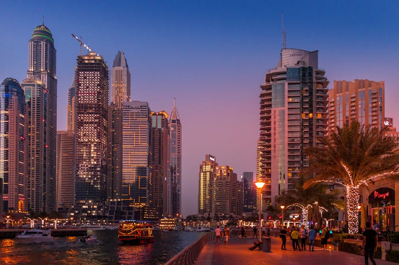 Dubai Marina skyline at sunset, UAE - visa and relocation services by Travel Expore