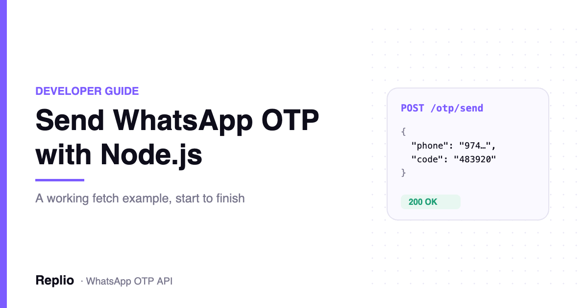 WhatsApp OTP API Node.js guide cover showing a POST send request