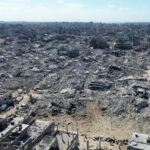 Aerial view of flattened blocks in Gaza that the Gaza reconstruction plan aims to rebuild